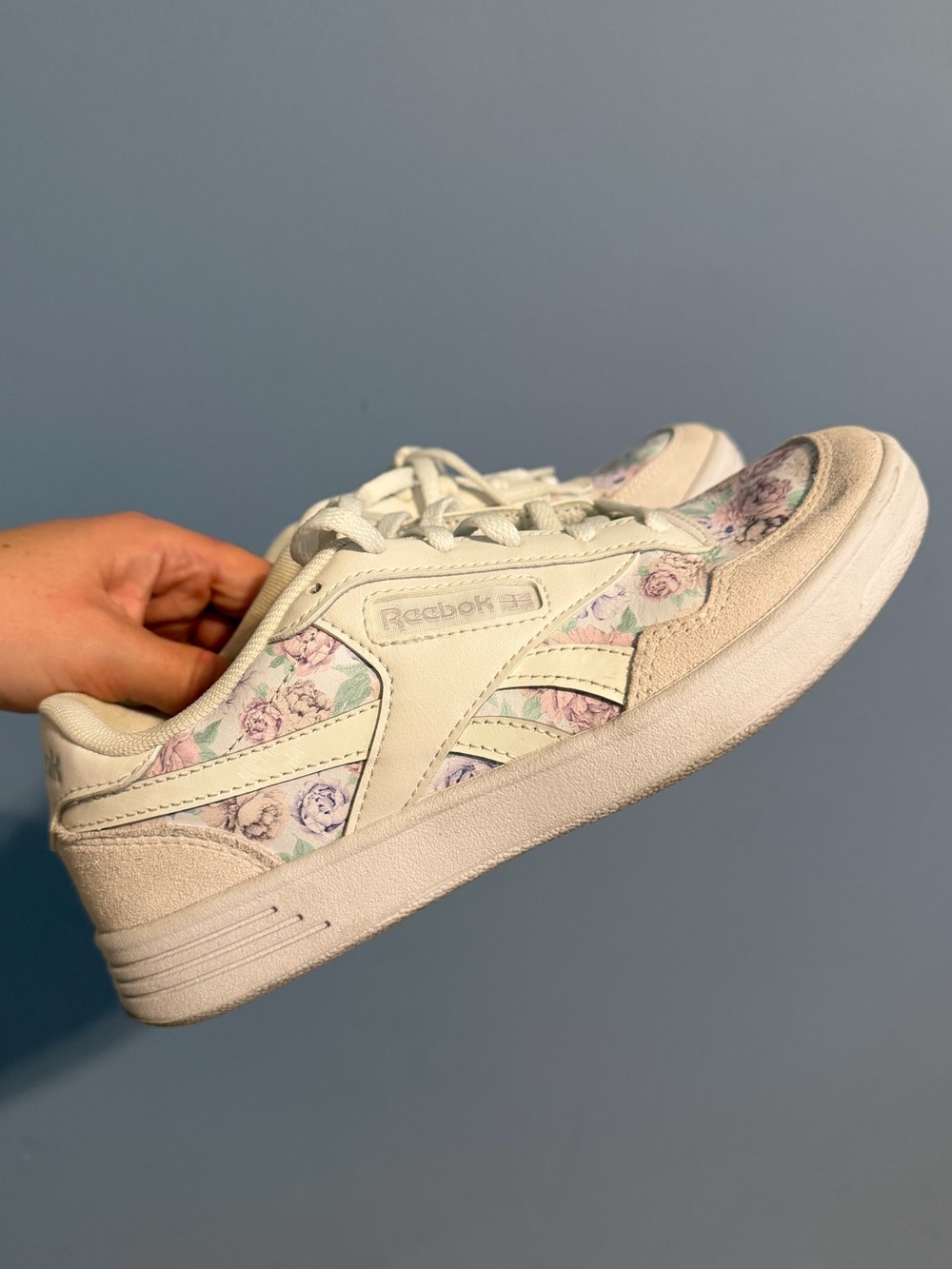 Reebok White Leather Sneakers with Pastel Floral Panels - size 5.5